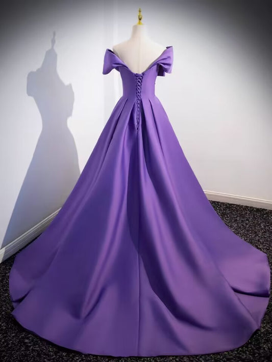 Purple v neck pleated long satin prom dress gown VIMYES