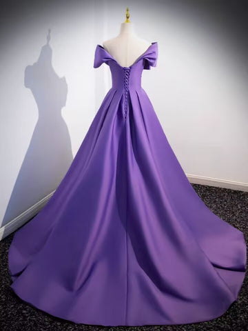 Purple v neck pleated long satin prom dress gown