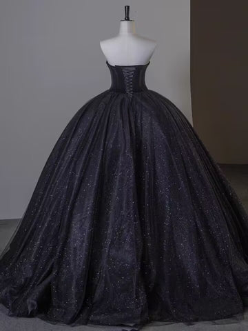 Black strapless beaded rhinestone long glitter tulle ball gown