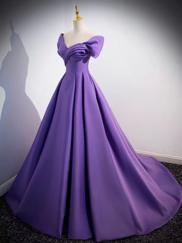 Purple v neck pleated long satin prom dress gown