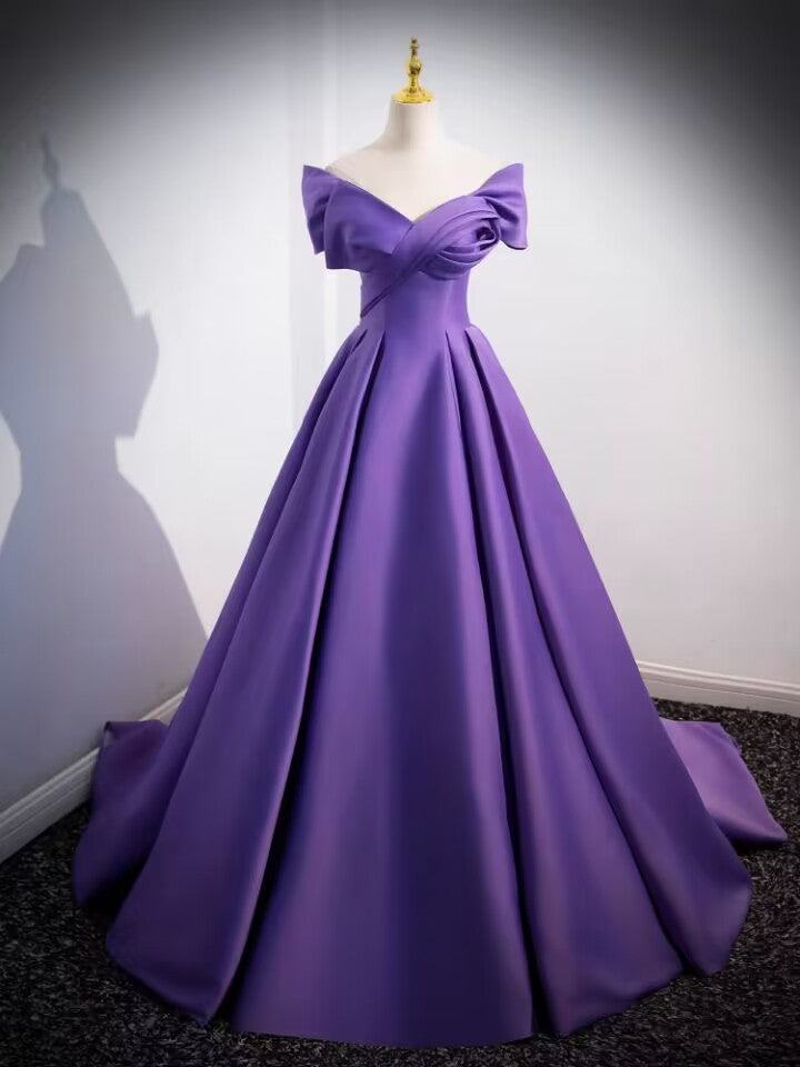 Purple v neck pleated long satin prom dress gown