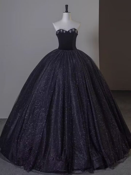 Black strapless beaded rhinestone long glitter tulle ball gown VIMYES