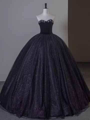 Black strapless beaded rhinestone long glitter tulle ball gown