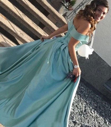 Off the shoulder long satin prom dress slit blue formal gown wedding party dress VIMYES