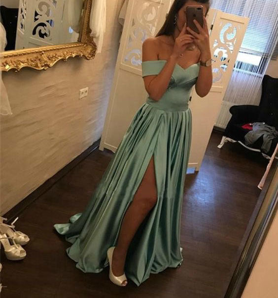 Off the shoulder long satin prom dress slit blue formal gown wedding party dress