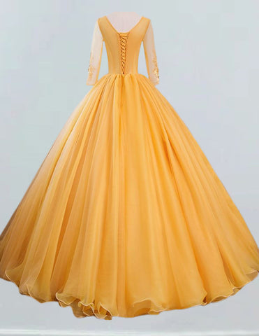 Gold v neck long ball gown lace applique wedding prom dress gown