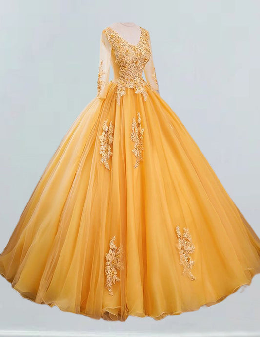 Gold v neck long ball gown lace applique wedding prom dress gown VIMYES