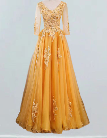 Gold v neck long ball gown lace applique wedding prom dress gown