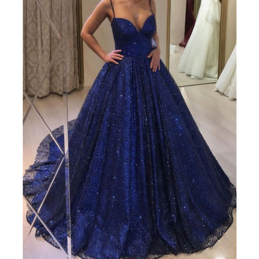 Spaghetti strap navy blue glitter tulle ball gown sparkle long prom dress wedding party gown VIMYES