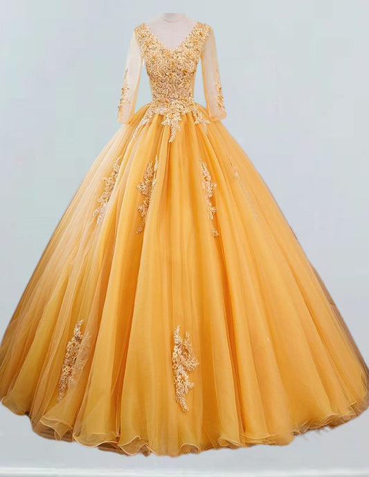 Gold v neck long ball gown lace applique wedding prom dress gown VIMYES