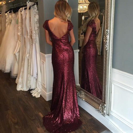 Burgundy sequin prom dress floor length evening gown VIMYES