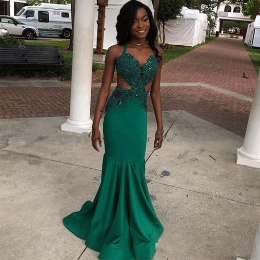 Straps green lace applique beads mermaid long prom dress formal gown VIMYES