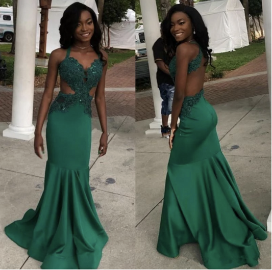 Straps green lace applique beads mermaid long prom dress formal gown VIMYES