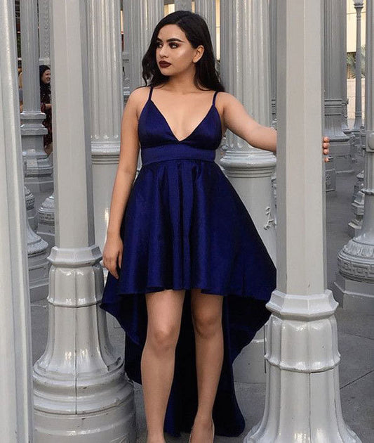 V neck navy blue high low satin prom dress formal gown wedding party dress VIMYES