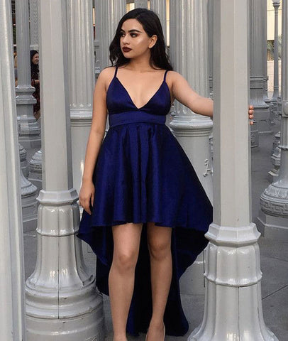 V neck navy blue high low satin prom dress formal gown wedding party dress