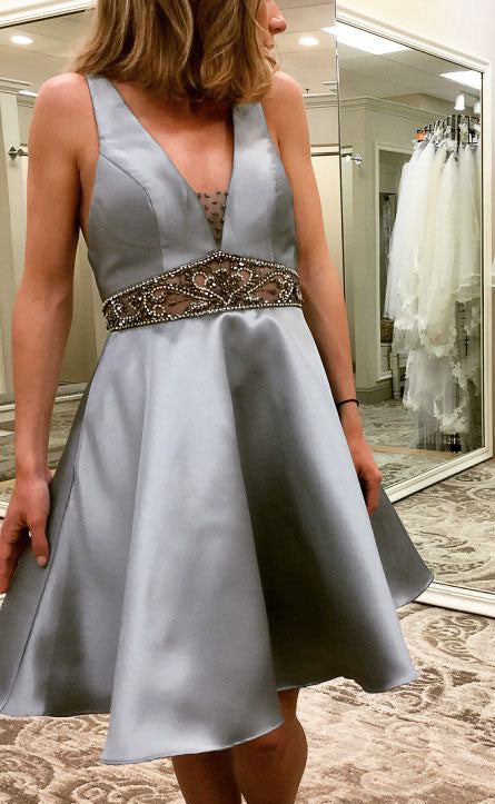 Silver grey v neck short homecoming dress beaded cocktail dress prom gown