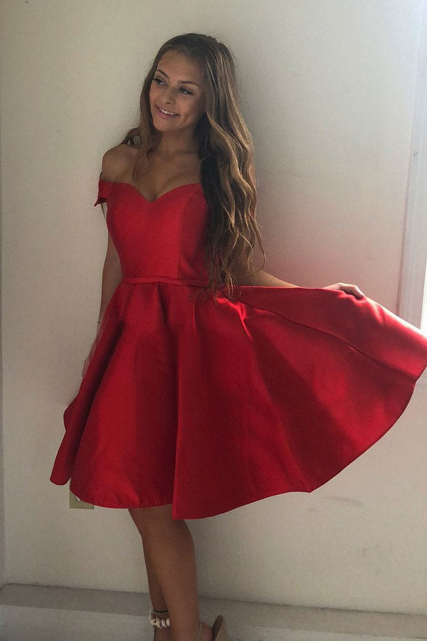 Red off the shoulder short satin cocktail dress prom gown formal dress