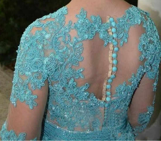 Bateau lace beaded long tulle evening dress blue lace formal gown wedding party dress VIMYES