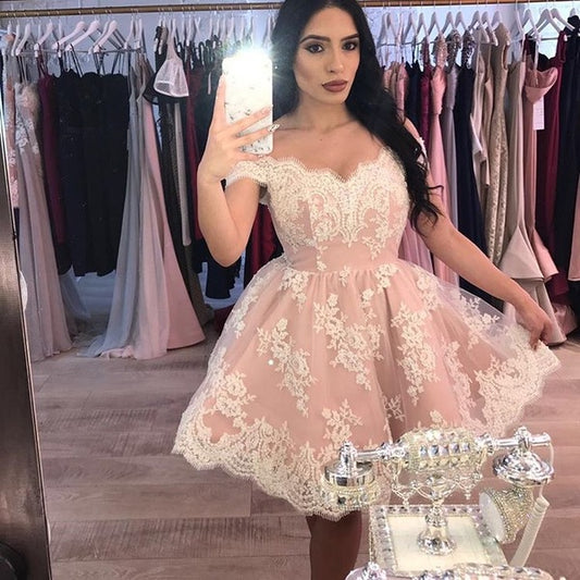 Pink off the shoulder lace short prom dress gown formal dress VIMYES