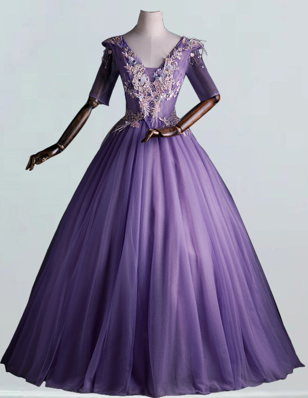 Elegant purple V-neck tulle prom dress with lace applique sleeves for girls0