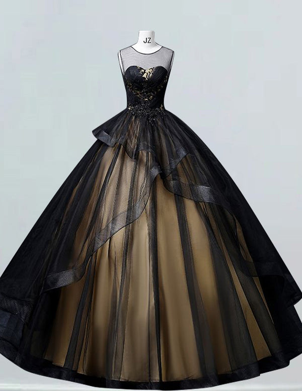 Black tulle ball gown with gold lace appliques and scoop neckline