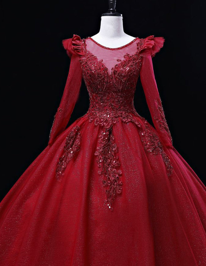 Burgunday long sleeve tulle ball gown,lace applique beaded evening gown