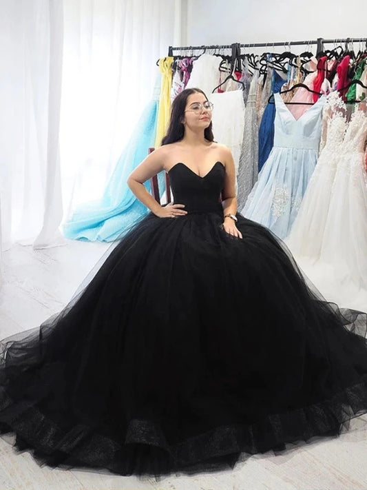 V neck black court train tulle prom dress ball gown wedding gown VIMYES