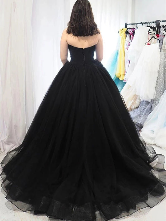 V neck black court train tulle prom dress ball gown wedding gown VIMYES