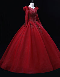 Burgunday long sleeve tulle ball gown,lace applique beaded evening gown