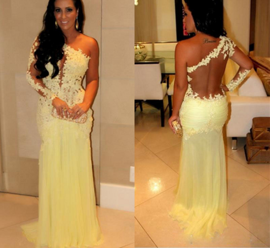 Yellow one shoulder lace applique beads long prom dress formal gown VIMYES