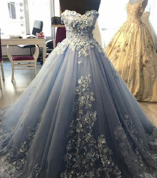 Sweetheart blue long tulle ball gown 3d flowers lace applique wedding bridal gown VIMYES