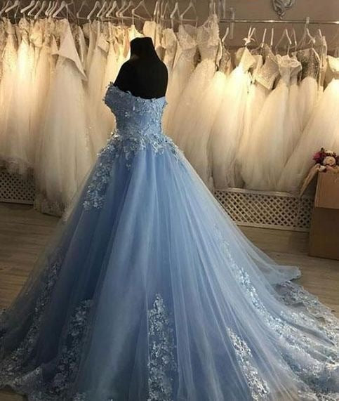 Sweetheart blue long tulle ball gown 3d flowers lace applique wedding bridal gown VIMYES