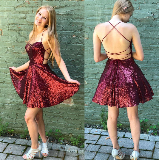 Burgundy sequin short homecoming dress cocktail dress prom dress gown VIMYES