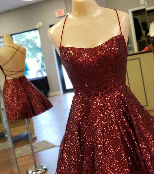 Burgundy sequin short homecoming dress cocktail dress prom dress gown VIMYES