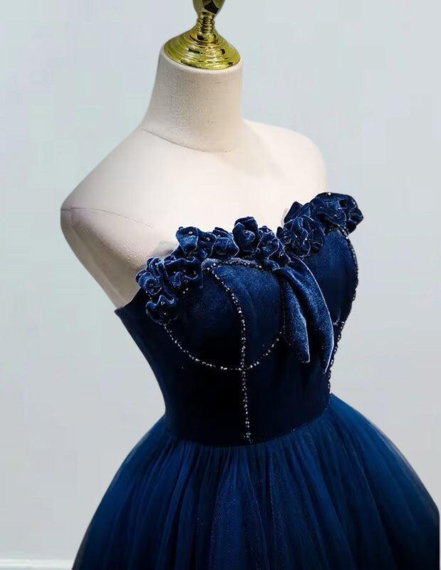 Navy Blue Strapless Beaded Prom Gown | Elegant Evening Dress for Girls1