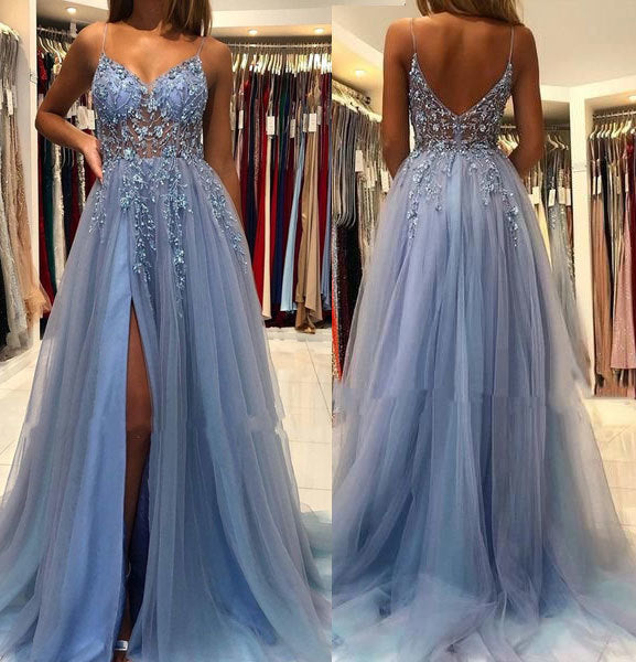 Blue v neck sparkle lace floral prom dress slit tulle formal gown