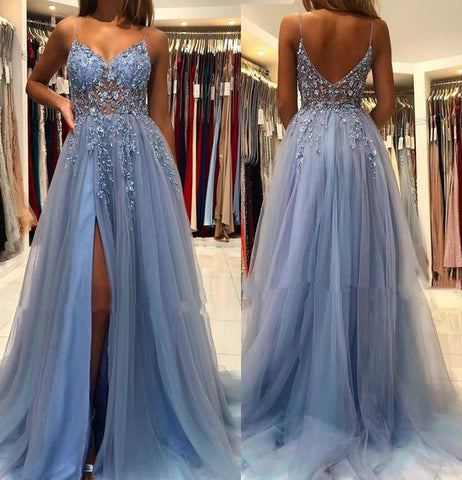 Blue v neck sparkle lace floral prom dress slit tulle formal gown