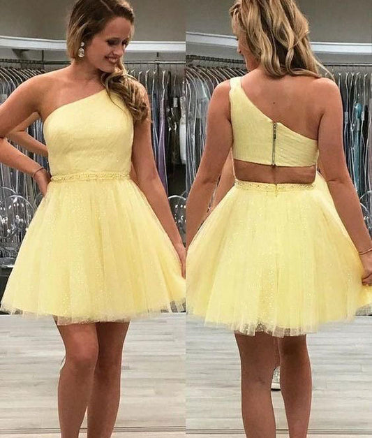 Yellow one shoulder homecoming dress glitter tulle short prom dress beads formal gown VIMYES