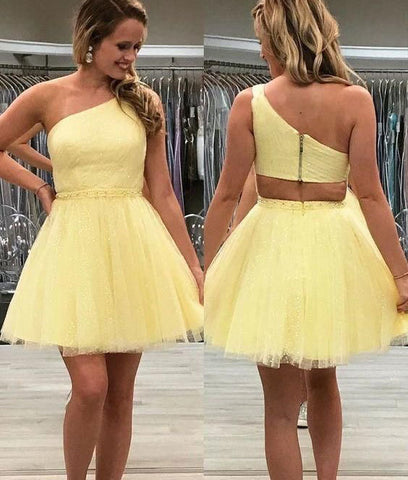 Yellow one shoulder homecoming dress glitter tulle short prom dress beads formal gown