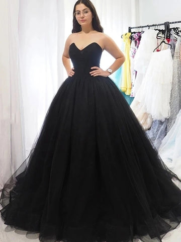 V neck black court train tulle prom dress ball gown wedding gown