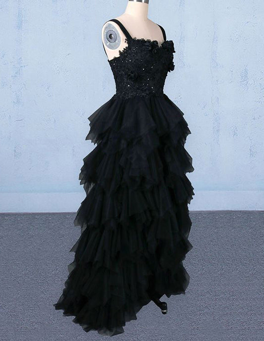 Black lace applique straps layer long tulle prom gown VIMYES