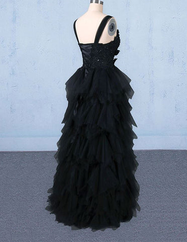 Black lace applique straps layer long tulle prom gown