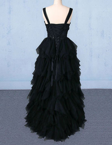 Black lace applique straps layer long tulle prom gown