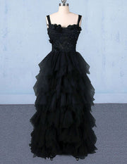 Black lace applique straps layer long tulle prom gown
