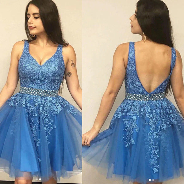 V neck blue lace floral beaded tulle prom dress short homecoming dress