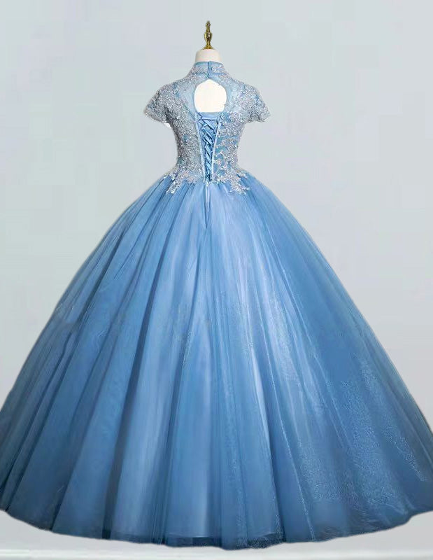 Elegant blue tulle ball gown with lace applique and high collar for girls' formal events, including prom and bridesmaid dresses3