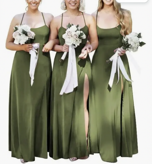 Green spaghetti strap slit long evening dress,chiffon floor length bridesmaid dress VIMYES