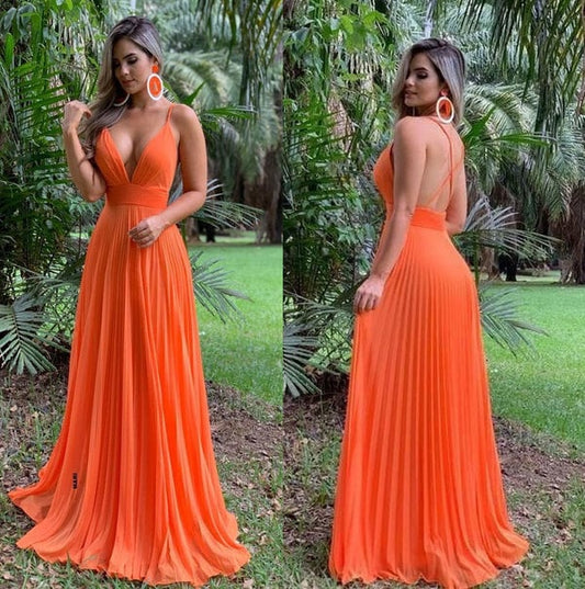 V neck pleated long chiffon prom dress formal gown VIMYES