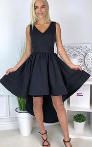 Black v neck short satin prom dress cocktail dress homecoming dress