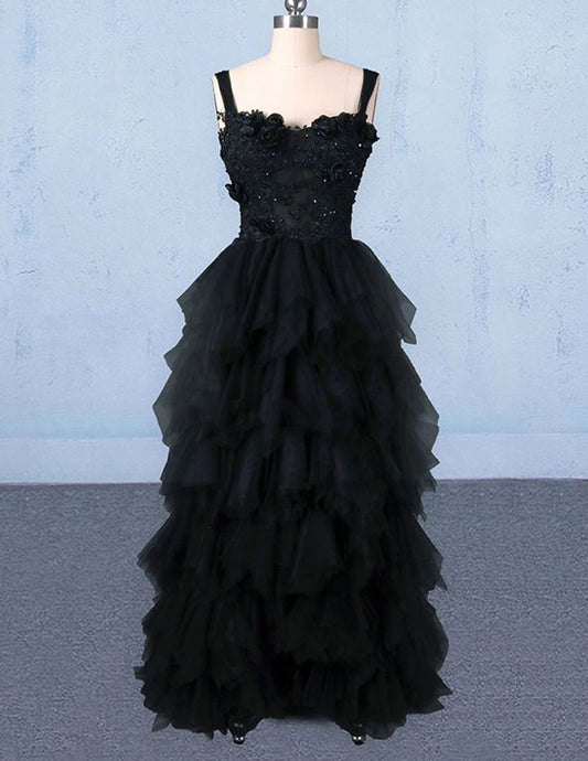 Black lace applique straps layer long tulle prom gown VIMYES